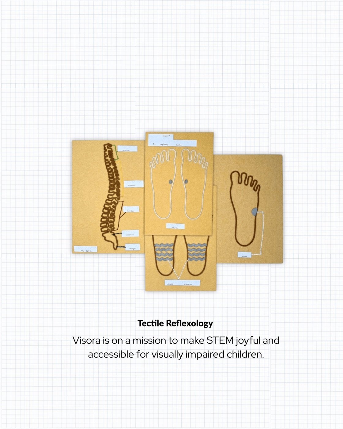 Three Reflexology Kit placards overlapping: the spine, both soles of the feet, and a single foot, each a raised-relief outline with Braille labels beside every zone.
