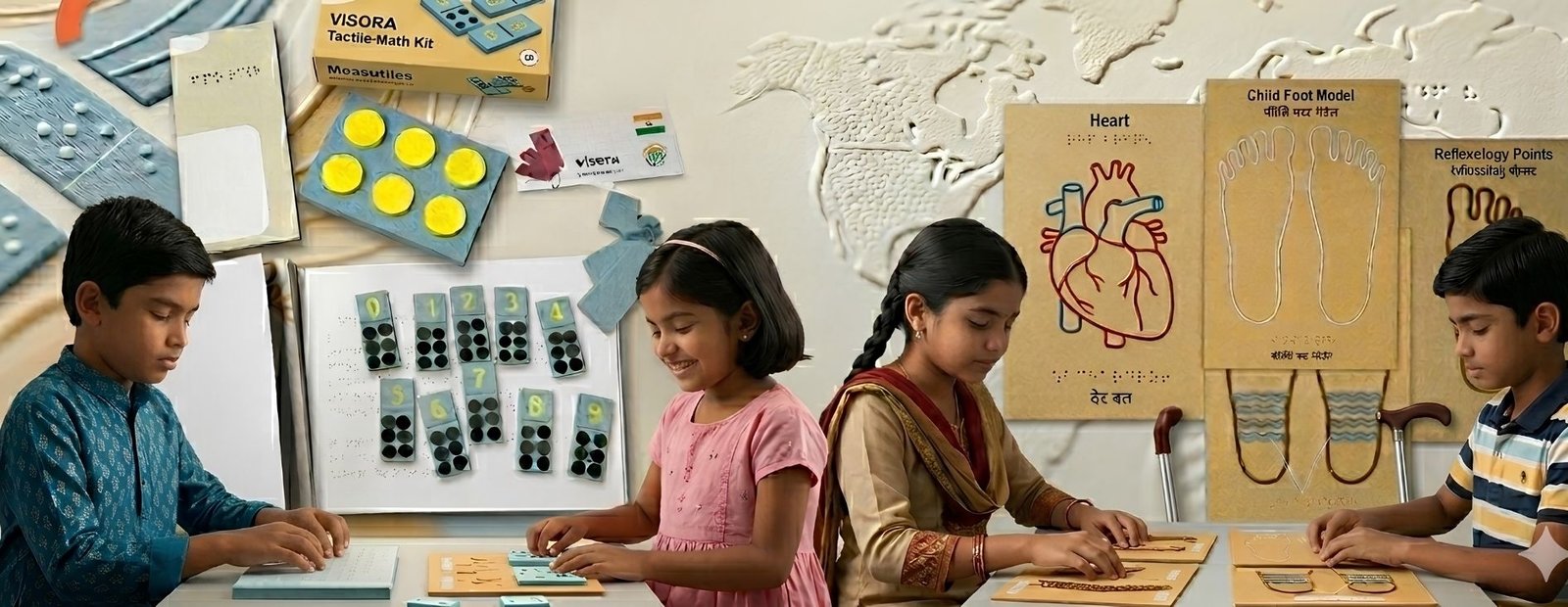 Four children at a long table reading Visora kits with their hands: Braille number tiles laid out on a board, a tactile book, and raised-relief placards. Behind them, a wall of tactile displays &mdash; a heart, a child foot model, reflexology points, and a relief world map.
