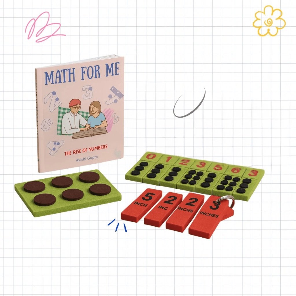 The Math Kit laid out: the Math for Me Braille book, a tactile abacus, number tiles 0 to 9 in raised dots and large print, and red measurement tiles marked in inches.